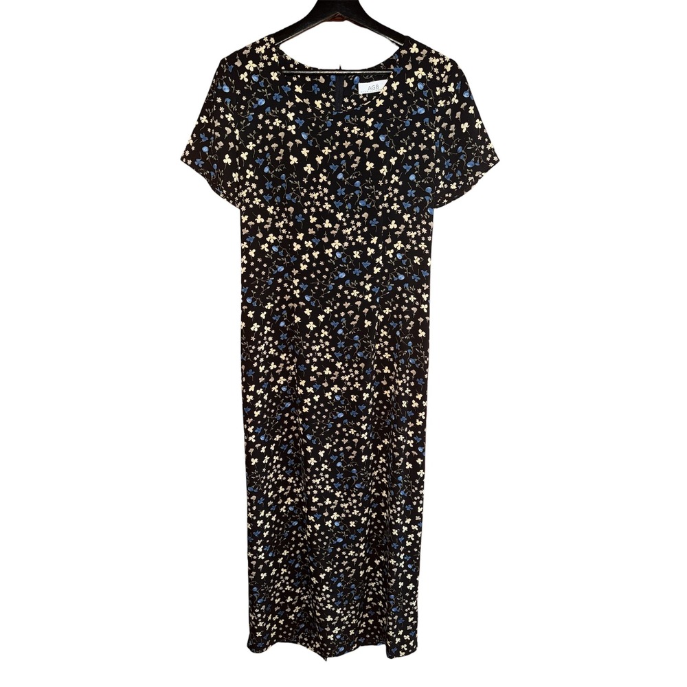 VTG AGB Byer California Black Blue Ditsy Floral Maxi Dress Size M Back Tie